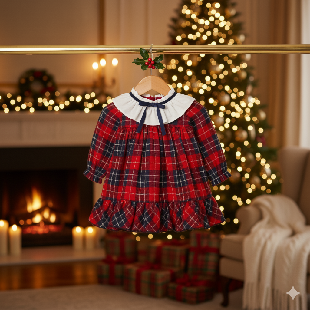 VESTIDO CUADROS ECO, CUELLO VIEYA LAZO TERCIOPELO MARCA MAC ILUSIÓN